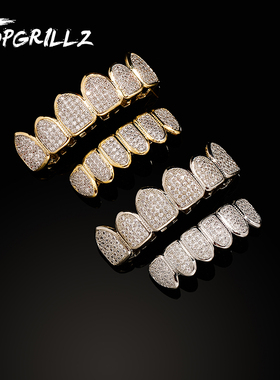 欧美个性爆款高端真金电镀微镶锆石珠宝牙套嘻哈满钻金牙套饰品