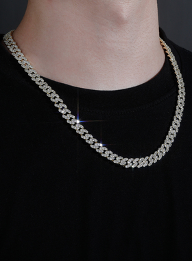 INS新款8mm古巴链欧美男女情侣弹簧扣蓝色锁骨链嘻哈锆石镀金项链