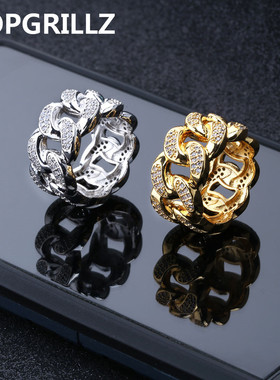 欧美个性嘻哈潮流情侣戒指天然锆石人工镶嵌古巴链锁链指环街头潮