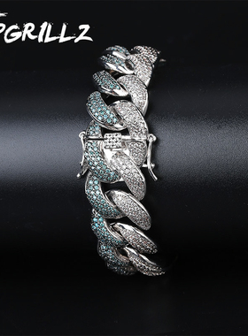 翡翠双色系18mm男士古巴手链欧美嘻哈说唱潮款锁链微镶满锆石手环