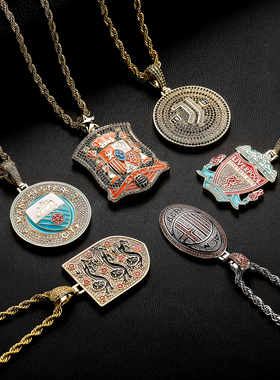 欧美INS嘻哈爆款足球俱乐部徽章吊坠彩色滴油粉丝纪念章项链吊坠