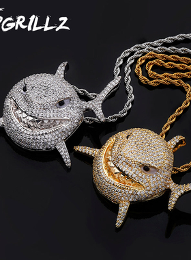 6ix9ine同款大鲨鱼吊坠欧美嘻哈INS潮个性男士项链爆款满钻饰品