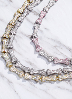 欧美个性嘻哈骨头9mm项链王一博街舞同款时尚满锆石镶嵌双色手链