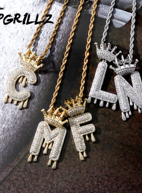 欧美26英文字母皇冠情侣男女吊坠饰品 镶锆石嘻哈潮人定制项链