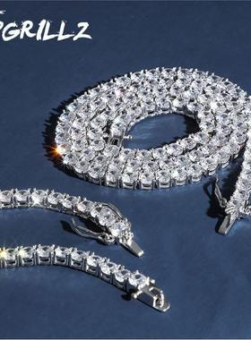 S925纯银镀金满锆石网球链锁骨链嘻哈潮男女银饰项链tennis chain