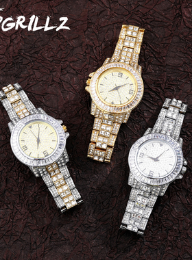 欧美指针式中性奢华石英钻圆形大玻璃表盘满钻镀k金锆石配饰手表