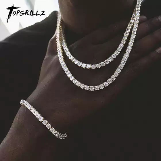 European and American Style Full Diamond Large Zircon Vacuum Color-Preserving Plated Street Fashion Single Row Tennis Chain Hip-Hop Tennis Necklace