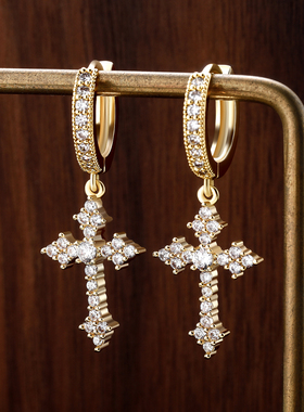 王嘉尔同款轻奢十字克罗耳环男女个性耳钉新潮款耳扣嘻哈饰品耳圈