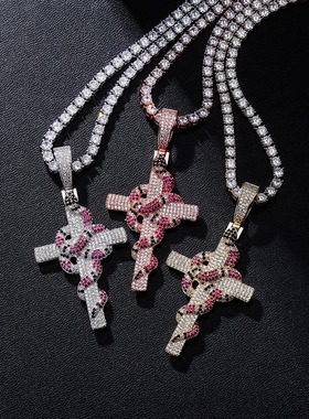 TOPGRILLZ欧美嘻哈复古灵蛇十字架吊坠满锆石蛇院男女项链首饰品