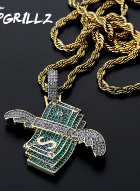 欧美嘻哈风带翅膀飞翔的钱个性街头吊坠微镶满锆石男潮人项链饰品