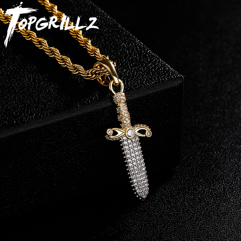 21SAVAGE同款嘻哈项链欧美个性匕首吊坠镀真金镶锆石男女健身潮人
