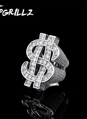 潮牌欧美霸气美元$戒指 镶锆石男个性嘻哈街头朋克hiphop蹦迪潮人