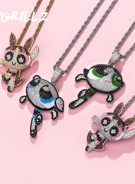街头HipHop珠宝潮牌个性男女镶满钻飞天小女警卡通吊坠颈链项链坠