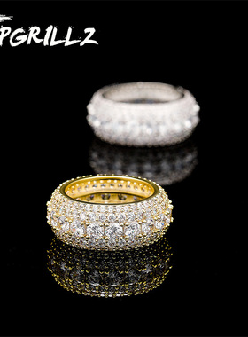 欧美微镶五排满锆石k金镀金满钻戒指 潮人嘻哈男女情侣爆款指环