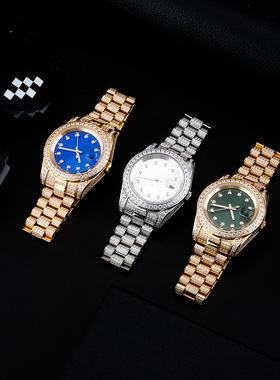 欧美石英手表大表盘街头潮人日历时尚满锆石配饰嘻哈男士机芯情侣