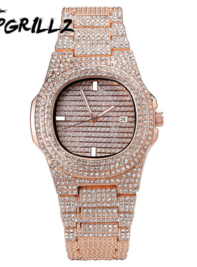 欧美嘻哈男款满钻带日历石英表 Quartz watches潮牌嘻哈个性手表