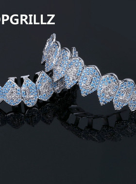 欧美假牙嘻哈牙套hiphop金牙齿小众夜店蓝色宝石满钻天然另类搞怪