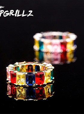 欧美个性潮流嘻哈街头微镶锆石情侣戒指 彩色方形RING彩虹指环