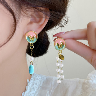 s925银针圆块蝴蝶耳钉超仙珍珠链流苏气质耳环小众时尚百搭耳饰女