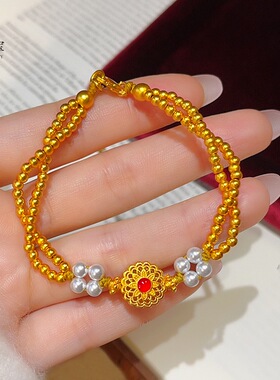 金包银古法花丝凤熹手链女高贵气质红宝石珍珠手链送女友礼物