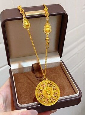 金包银古法镂空卍字八宝罗盘吊坠项链福字圆盘毛衣链国风女