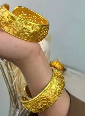 金包银新中式国潮风古法錾刻牡丹花手镯女实心开口宽版手环