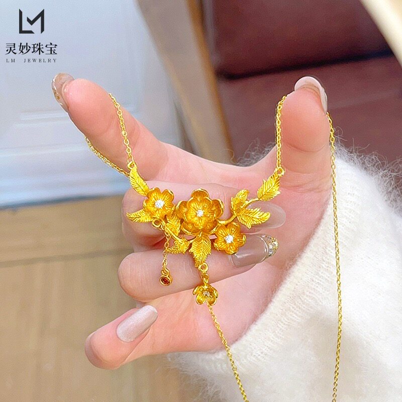金色精致致点钻石榴花流苏项链鎏彩吊坠婚嫁三套链女送礼物