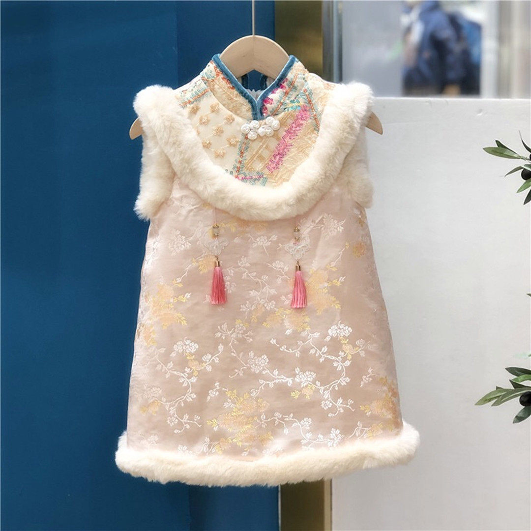 女童旗袍冬装过年服背心裙中国风拜年服冬加绒加厚宝宝周岁礼服女