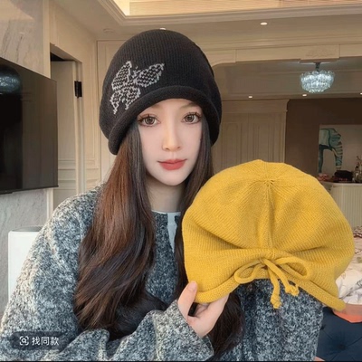 蝴蝶卷边堆堆帽护耳保暖帽子显脸小百搭包头女潮2025秋冬新款冷帽