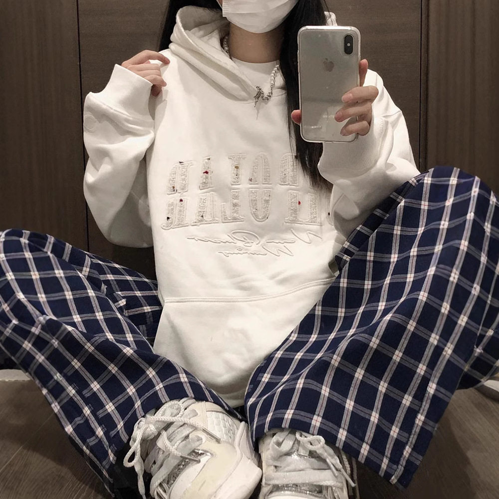 美式高街连帽白色卫衣女春秋薄款套头宽松慵懒风oversize长袖
