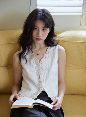 MIXABO法式杏色蕾丝花边v领背心女夏设计感马甲无袖褶皱肌理上衣