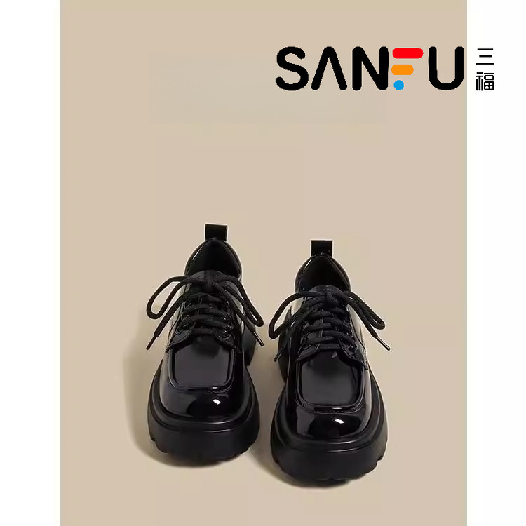 三福正品小皮鞋女增高厚底乐福鞋