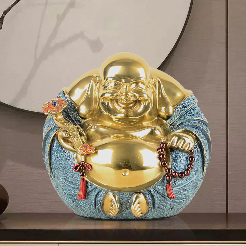 中式黄彩铜工艺笑口常开弥勒佛桌面摆件书房客厅玄关寓意装饰送礼