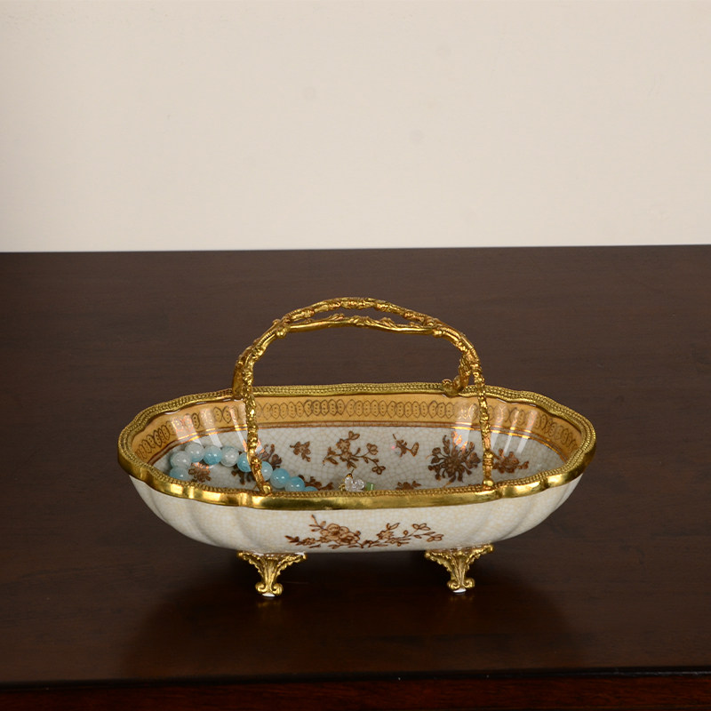 凤凰美居铜配陶瓷手提果篮摆件美式家居客厅餐桌干水果装饰收纳盘