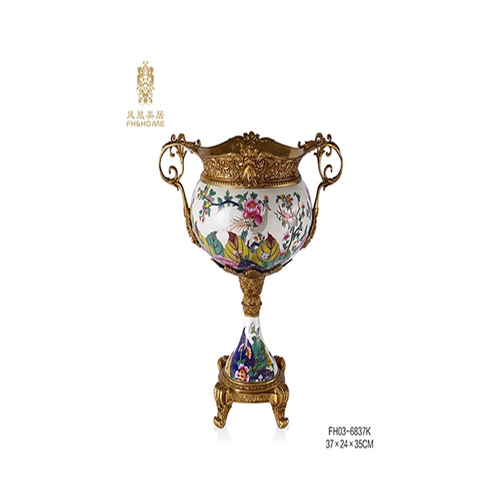 欧式古典玄关花鸟聚宝盆中式纯铜陶瓷果盆法式奢华客厅茶几水果盘