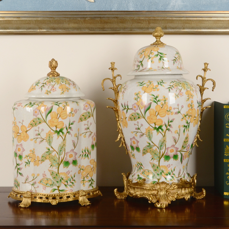 花团锦簇铜配陶瓷古典奢华欧式装饰盖坛将军坛客厅玄关收纳罐摆件