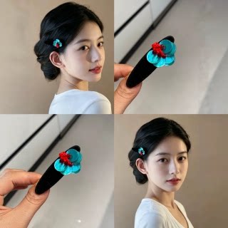一眼惊艳到的艺术湖蓝贝壳花发夹2026新款法式丝绒珠花夹发卡发饰