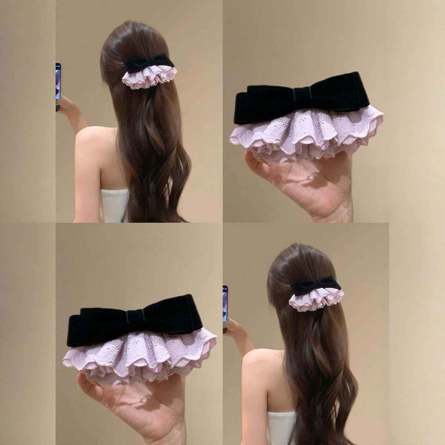 紫黑吸睛蕾丝花边发夹秋冬丝绒蝴蝶结夹子优雅高级感发饰2025新款