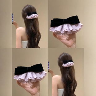 紫黑吸睛蕾丝花边发夹秋冬丝绒蝴蝶结夹子优雅高级感发饰2025新款