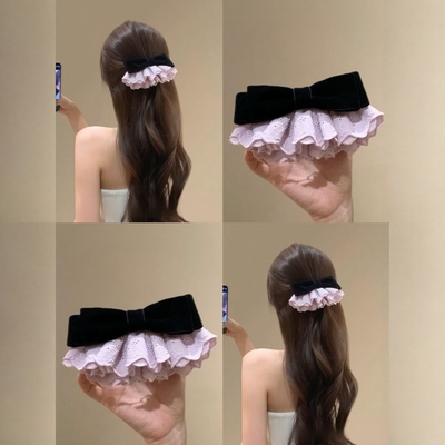紫黑丝绒蕾丝蝴蝶结发夹高级感