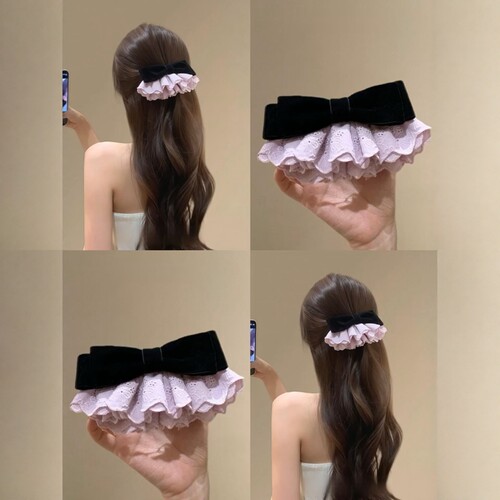 紫黑丝绒蕾丝蝴蝶结发夹高级感