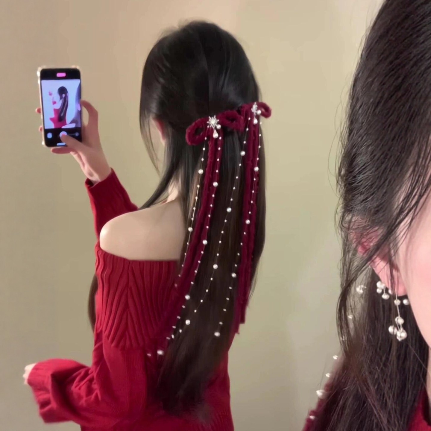 冬日的温柔～红色蝴蝶结发夹侧边女2025新款丝绒高级感圣诞节新年