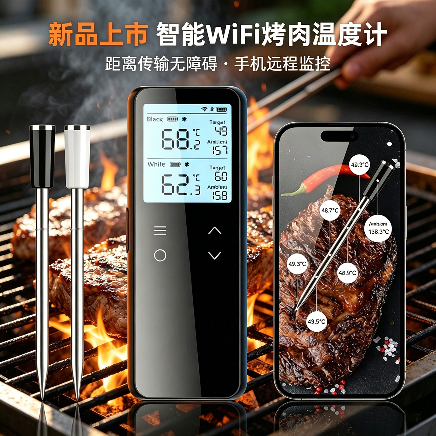 智能WiFi烤肉温度计蓝牙APP监控BBQ烧烤食品烤箱牛排肉类双针测量