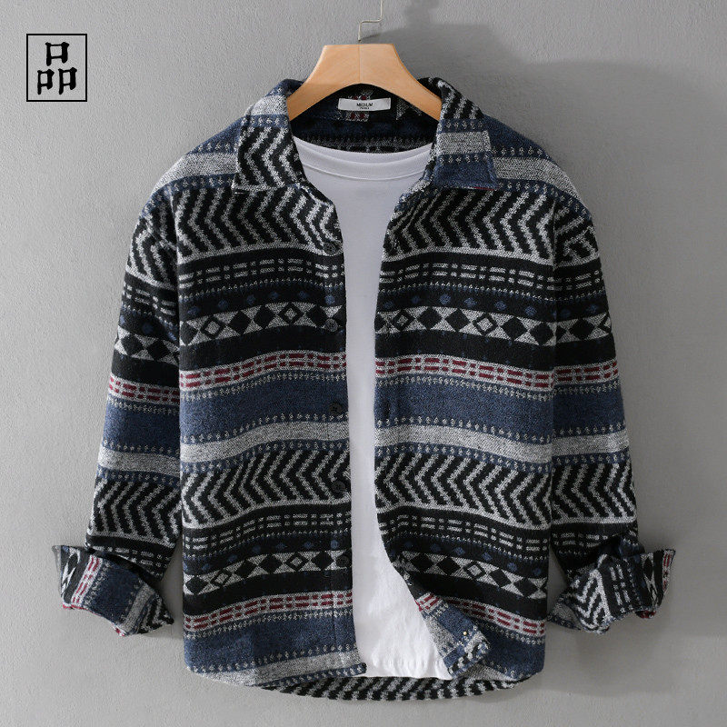 复古花纹!磨毛保暖,秋季复古磨毛加厚 宽松休闲男长袖衬衫外套