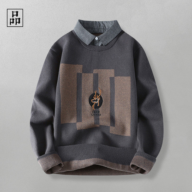 帅气假两件！小鹿刺绣！秋冬日系复古套头衬衫领针织毛衣外套男,男装,秀禾服,淘宝优惠券,粉丝福利购,淘宝优惠卷