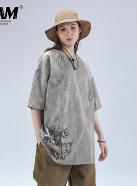 LAMLICKA LAM日系潮牌满印宽松套头短袖T恤男女oversize廓形半袖