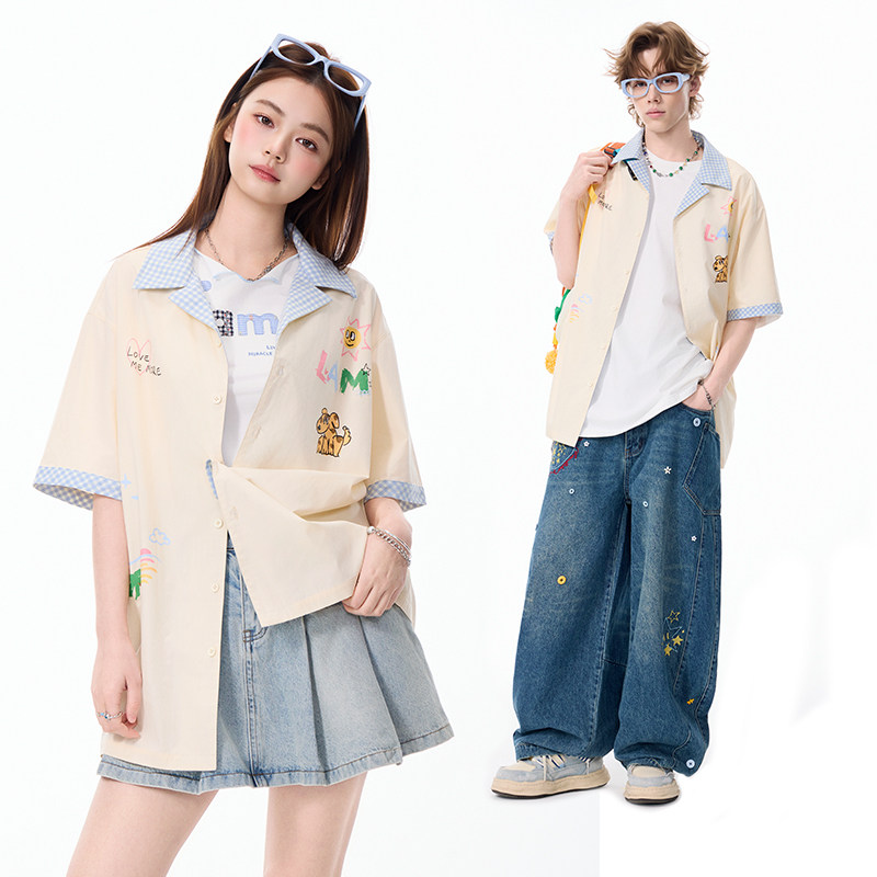 LAMLICKA潮牌小狗撞色翻领短袖衬衫男夏季宽松薄款外搭衬衣外套女