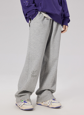 LAMLICKA春季灰色不规则直筒卫裤男刺绣阔腿休闲街头潮牌裤子宽松