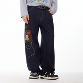 春秋百搭潮牌阔腿宽松休闲长裤 LAMLICKA复古丹宁蓝美式 直筒牛仔裤