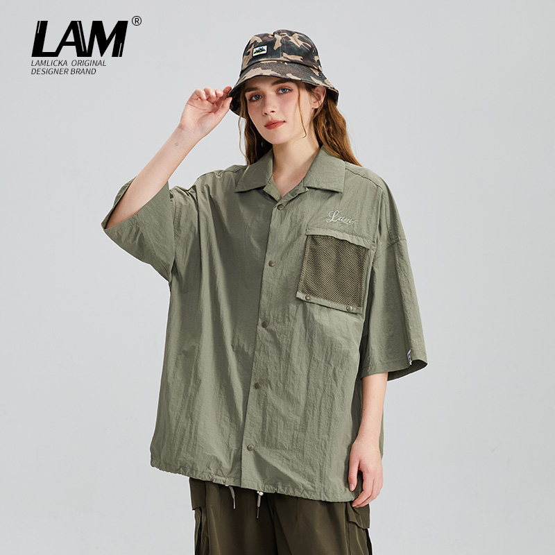 LAMLICKA衬衫短袖日系风拼接口袋